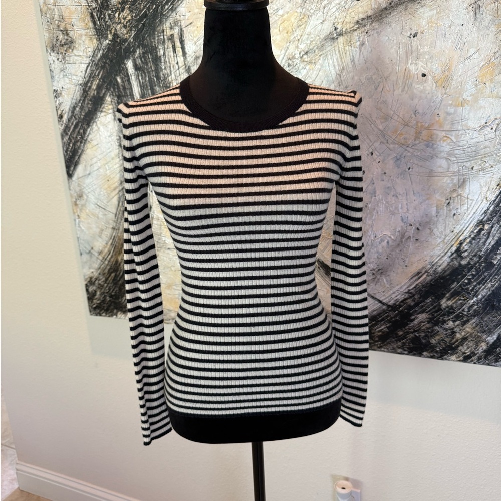 Theory Blue and Cream Fitted Knit Top
